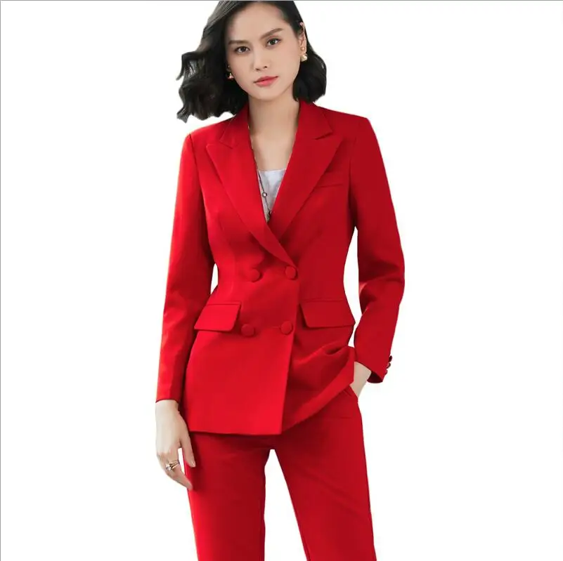 red set Новинка, офисный Блейзер, костюмы высокого качества, OL, женский брючный костюм, блейзеры, пиджаки с брюками, комплект из двух предметов, красный, розовый, синий - Цвет: red set
