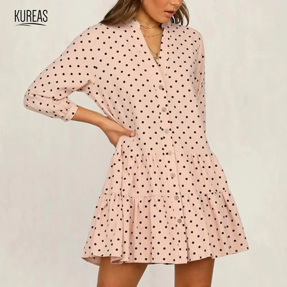 Kureas женские платья зима осень мода точка короткое платье оборками Сладкий однобортный сексуальный V образным вырезом Повседневная одежда