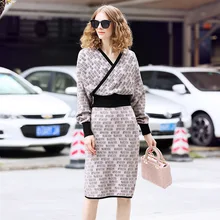 Queen Женщины Ретро Письмо жаккард 2 шт Набор Элегантный v-образным вырезом рукав летучая мышь Свитера и высокая Талия Оболочка Bodycon юбки