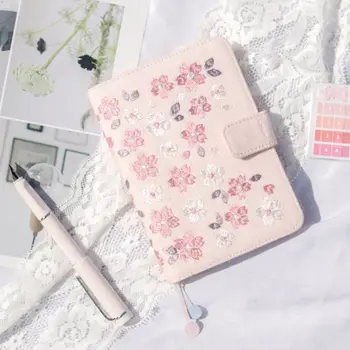 

Cherry Blossoms Embroidery Pink Notebook A6 Size Faux Leather Diary Book Planner