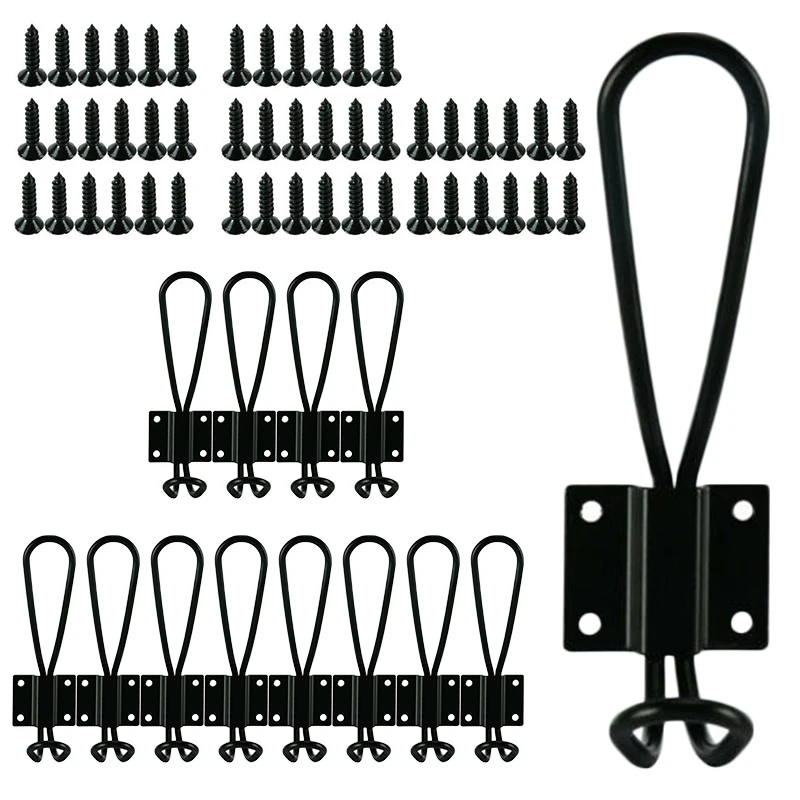 12PCS Iron Black Hooks Wall Mounted Rustic Double Coat Hangers With 48PCS Screws Jackets, Hats, Necklaces, Jewelry, Keys