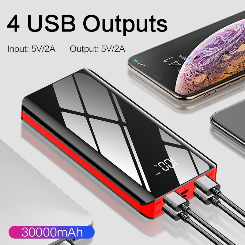 Power Bank 30000 мАч для iPhone Xiaomi Mi 9 4 USB зеркало полный экран зарядное устройство Внешняя