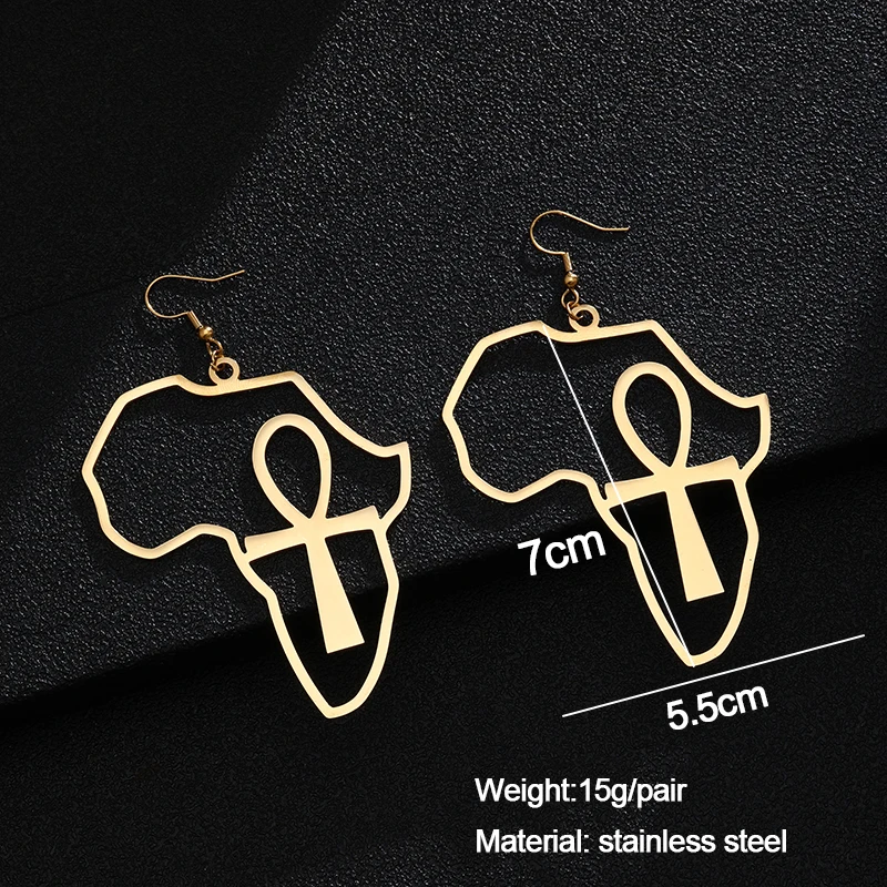 SONYA Stainless stee African Map Big Ankh Earrings Exaggerate Larger Earring Africa Egypt Nile Key Ethnic Hyperbole Gift