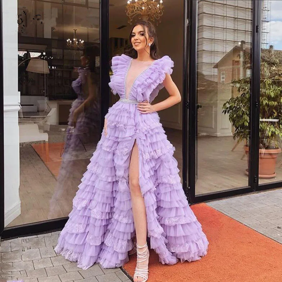 

Charming Lavender Ruffles Tiered Tulle Evening Dresses Sexy Prom Gowns High Side Split Lace Tutu Formal Dress Robe De Soiree