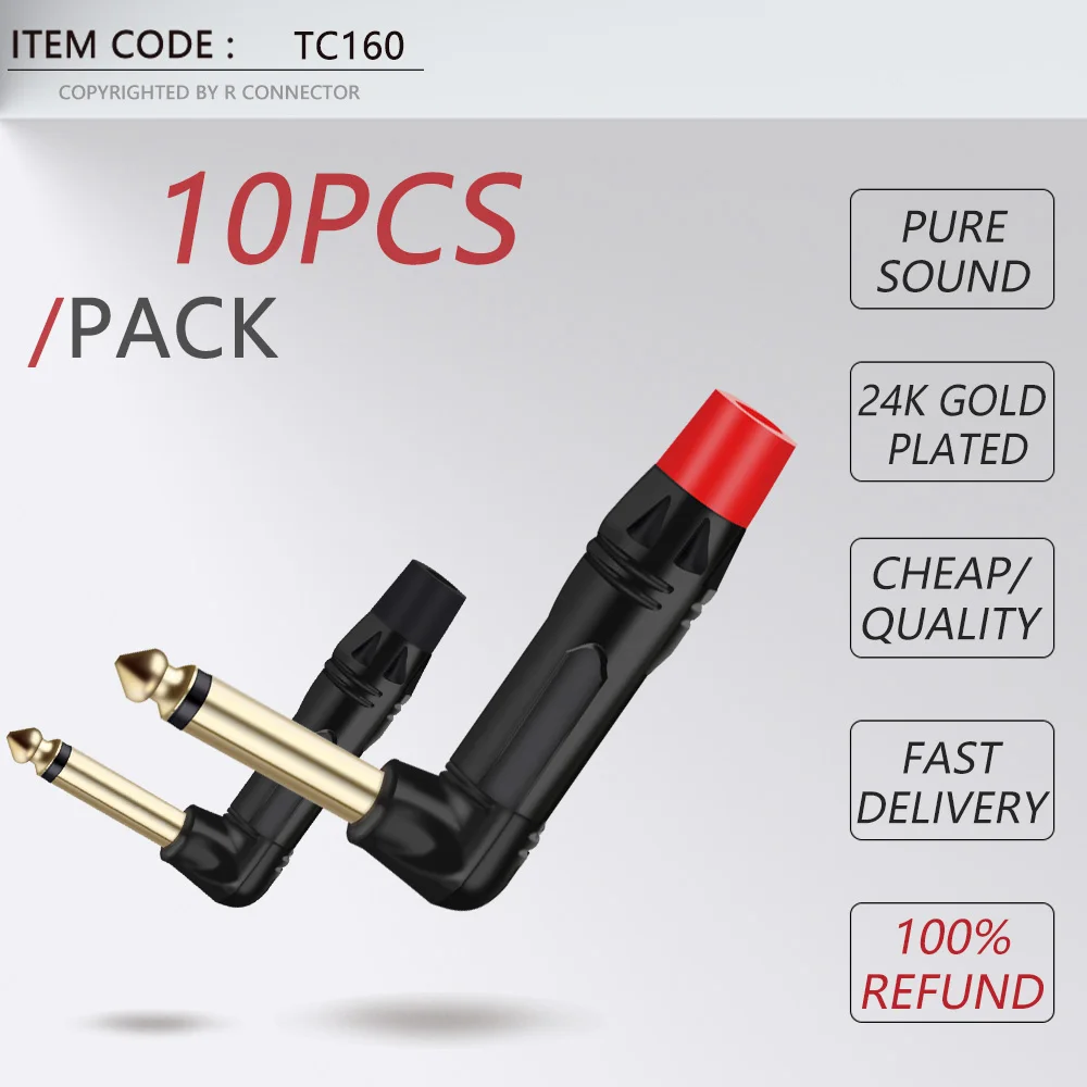 10PCS правый угол Jack 6 35 мм моно/Стерео 3 мужской разъем латунь Позолоченные 1/4 дюймов