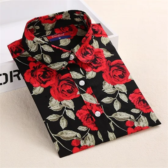 BlackredFl Dioufond, Цветочная женская блузка, хлопок, Повседневный, цветочный светильник, Винтажная летняя женская рубашка, модная, размера плюс, топы, 5xl, женская рубашка - Цвет: BlackredFl