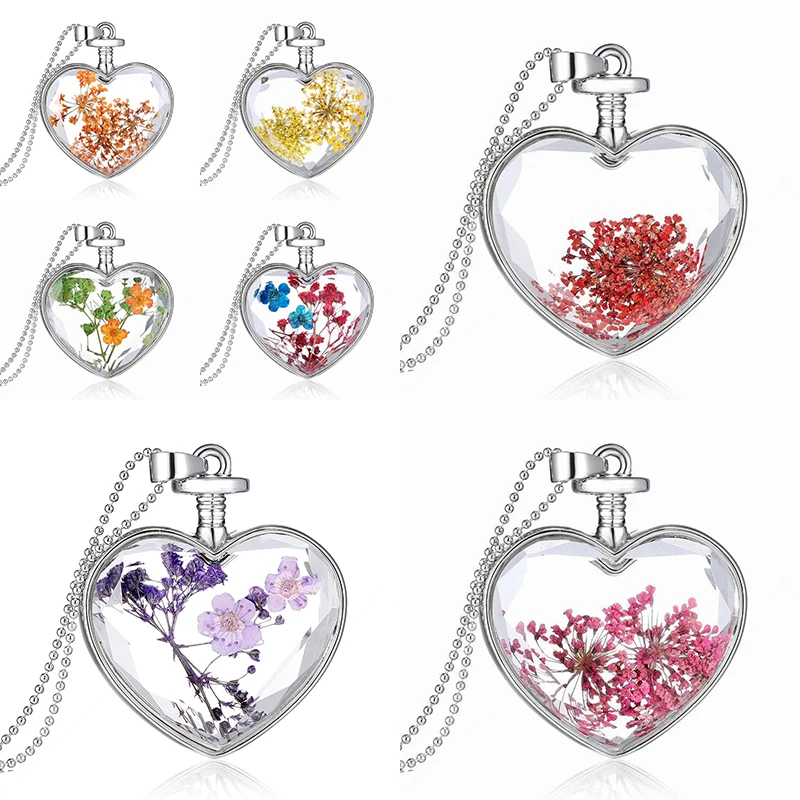 Натуральный настоящий высушенный цветок кулон ожерелье модное сердце стекло