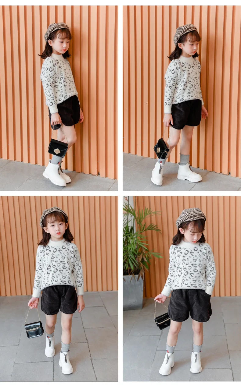 Girls velvet sweater autumn and winter new leopard pattern hooded fashion bottoming children's sweater children's clothing tide