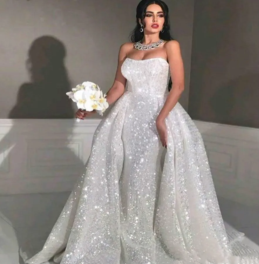 

Arabic Dubai Sequined Bling Wedding Dress Mermaid Strapless Bridal Party Gown with Overskirt Vestidos De Marrage