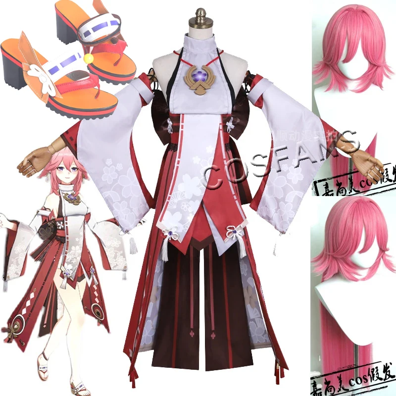 

Genshin Impact Yae Game Suit Gorgeous Kimono Lovely Uniform Cosplay Costume Halloween Carnival Outfit For Women men and wig