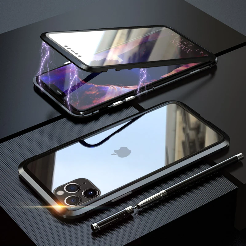Магнитный металлический 360 чехол для iPhone 11 7 8 Plus X 10 XS Max прозрачный стеклянный чехол для iPhone11 Pro Чехол алюминиевый бампер