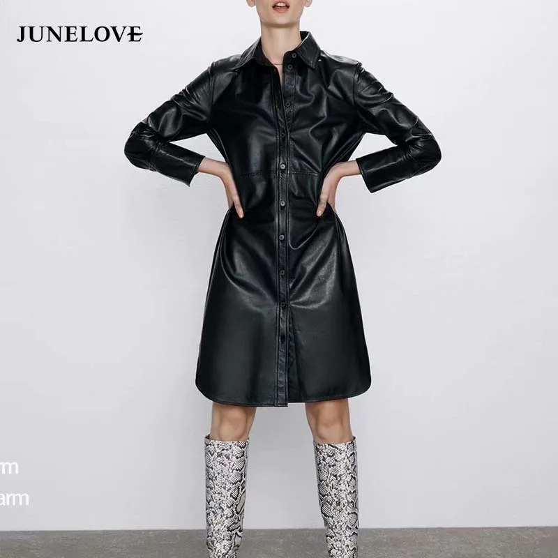 Женское однобортное мини платье JuneLove винтажное рубашка из искусственной кожи