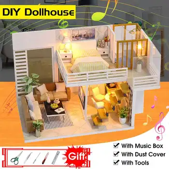 

DIY Dollhouse Kit Miniature Furniture Mini Wooden Loft Apartment Room Home Decor Gifts with DIY Tools Set Dustproof Cover