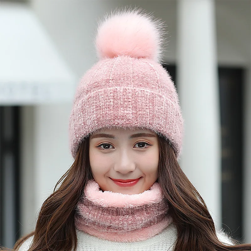 Hat Scarf Set Winter Women Plus Velvet Thick Warm Outdoor Sport Chenille Knit Hat And Scarf Korean Female Beanies Caps F24810AD