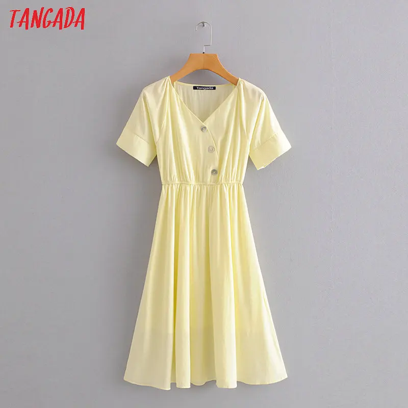 Tangada модное женское однотонное желтое летнее платье с коротким рукавом, с эластичной талией, женское рабочее платье миди, vestidos HY30 Tangada модное женское однотонное желтое летнее платье с коротким рукавом, с эластичной талией, женское рабочее платье миди, vestidos HY30