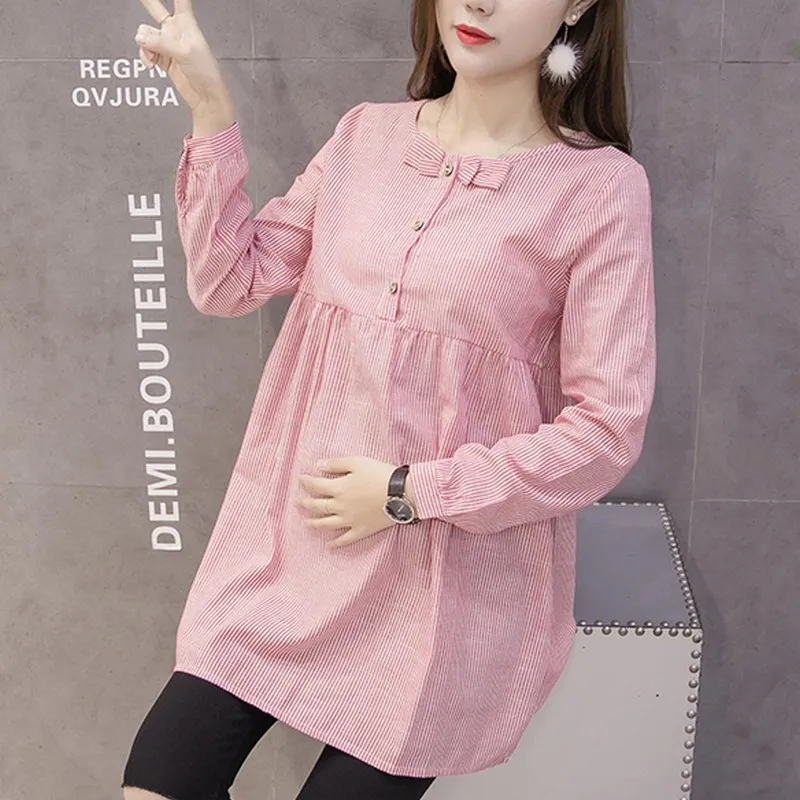 Shirts Pregnant Women Bow Spring Loose Pregnancy Top Blouses Fashion Striped Maternity Clothes Casual Shirtdress