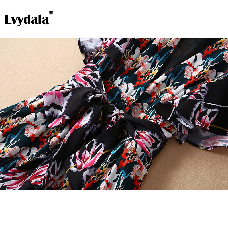 Lvydala, новинка, летнее подиумное платье, женское платье с рукавом-бабочкой и v-образным вырезом, великолепное платье до середины икры с цветочным принтом, праздничное платье
