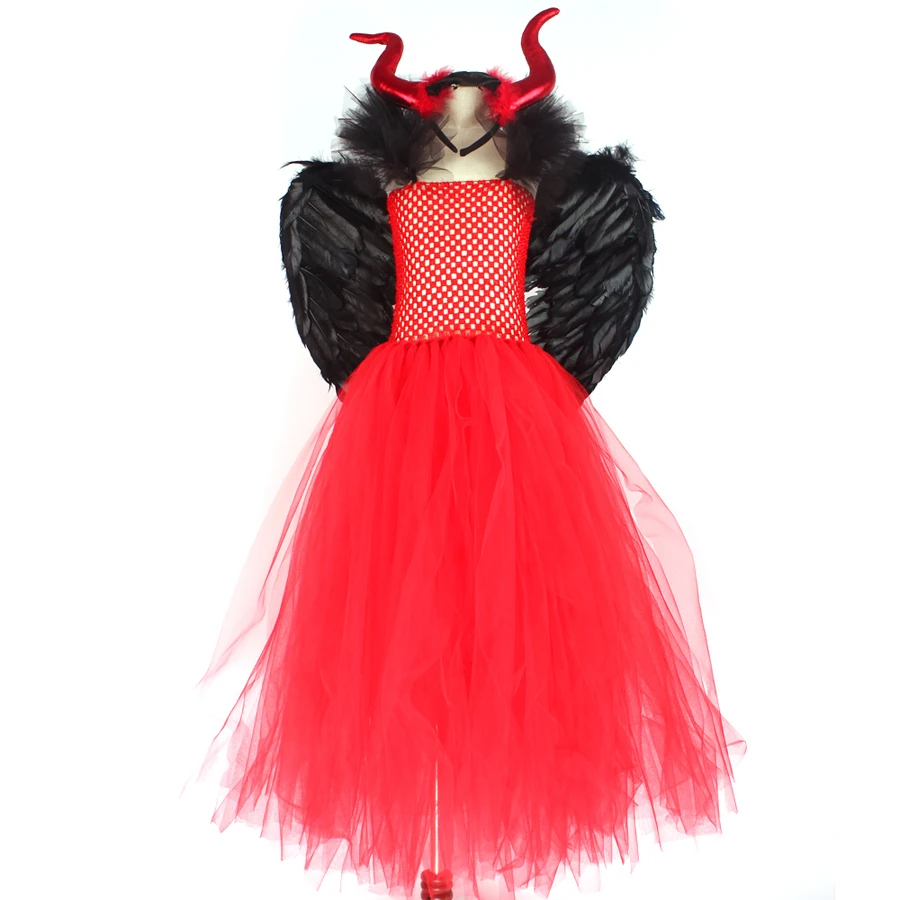 Red Devil Halloween Girls Gown Tutu Dress Costume Kids Crimson Demoness Dress with Horns and Wings Cosplay Party Witch Clothing (3)