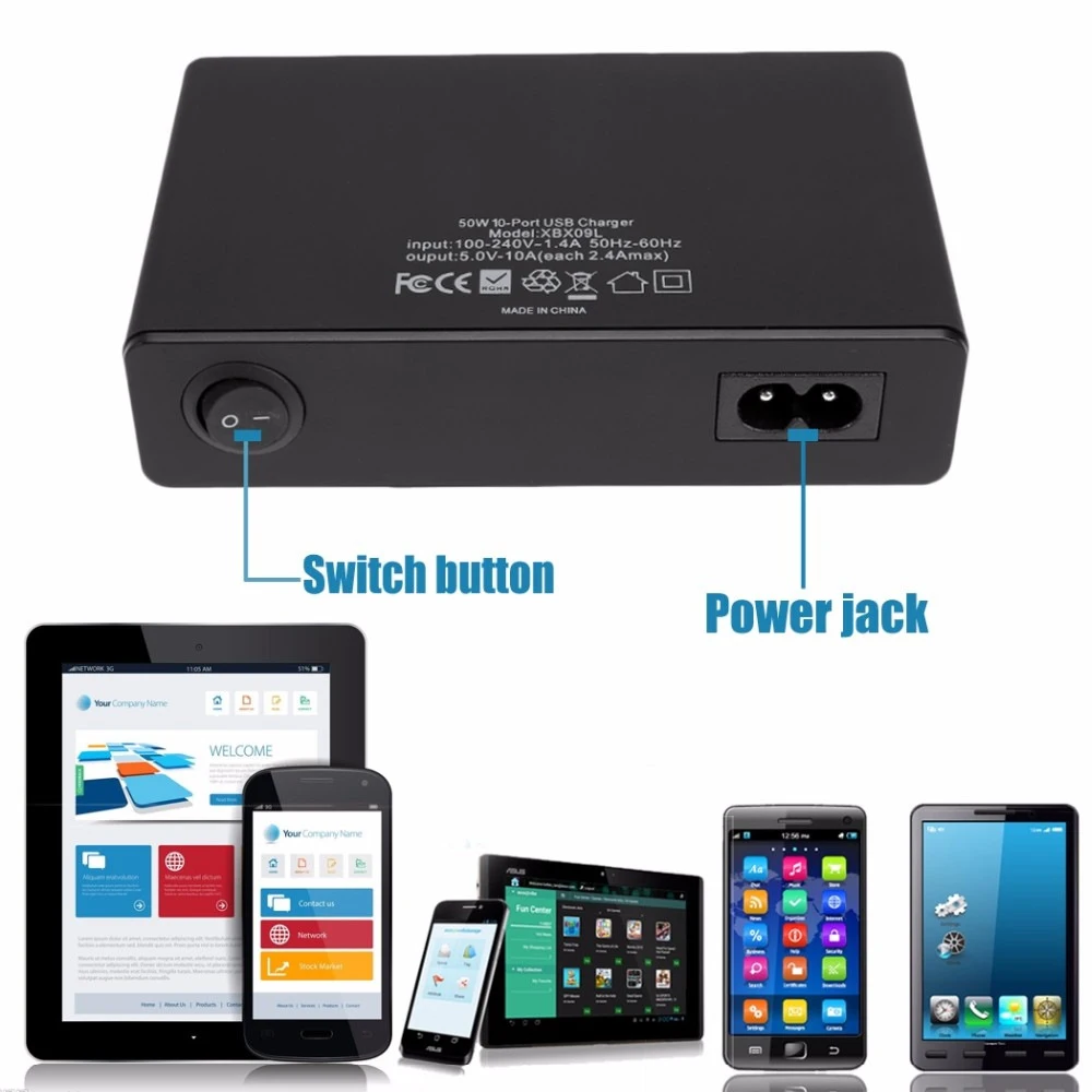 10 USB-Anschlüsse Schnellladestation Dock mit Kabel 50 W US AU EU UK KR Stecker für iPhone iPad PC Kindle Multi USB Ladegerät_voghion.com