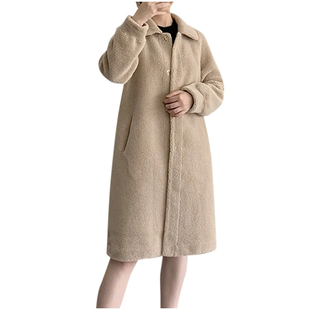 Khaki Женская зимняя теплая верхняя одежда, однотонная верхняя одежда, плюшевый кардиган, Свободное пальто с отложным карманом, W909 - Цвет: Khaki
