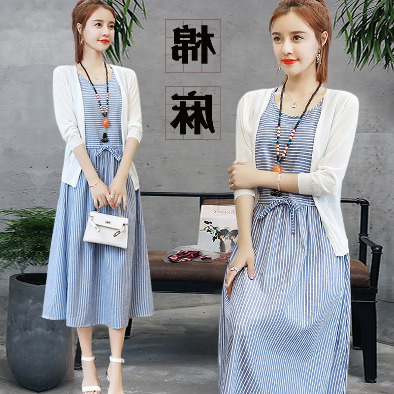 

Two-Piece Set Cotton Linen Dress 2019 Spring Summer WOMEN'S Dress New Style Korean-style Slimming Mid-length Striped Suit Skirt