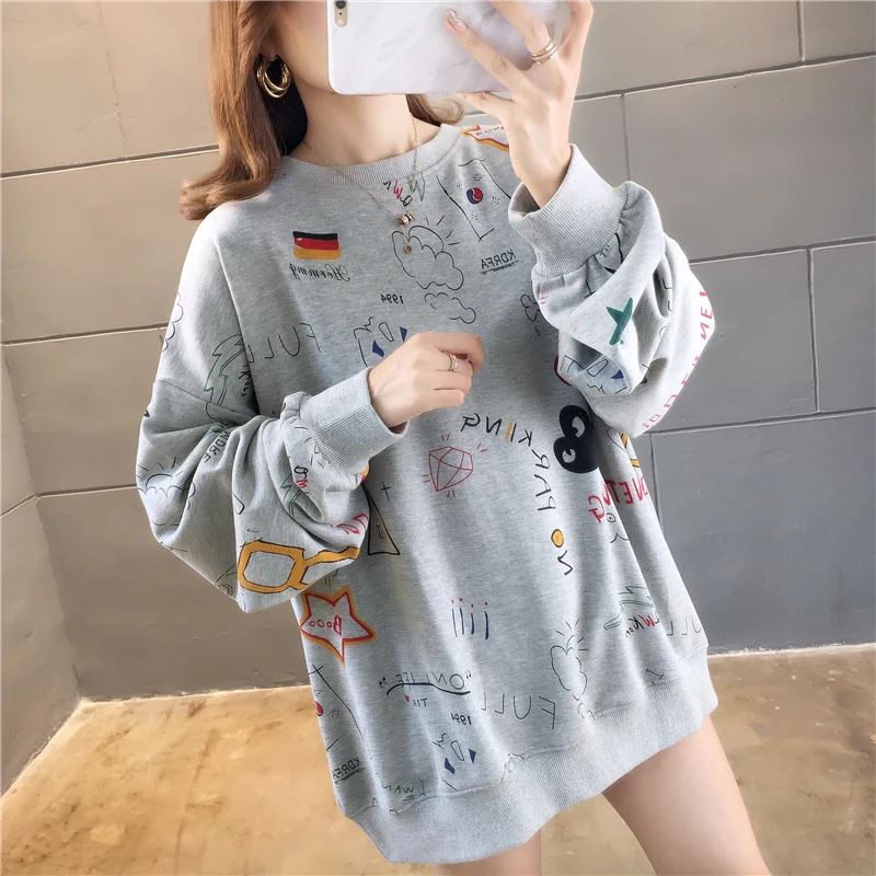 Hoodies Women Korean Harajuku coat Kawaii image Loose Jumper Pullover Top White grey Round neck long sleeve Sweatshirt Hot Sale