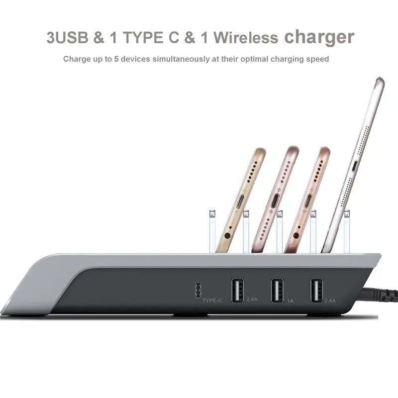 Desktop Charging Station 5-in-1 Multiple Charger Dock Organizer Stand with 4USB Ports for iPhone X/8/8 Plus/7/Plus Ipad Samsun