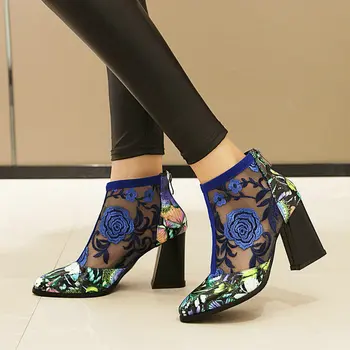 

Embroidery Shoes Floral Womens Lace Mesh Boots PU Leather Ankle Summer Boots Laies with Zip 2020 Fashion Big Size 34-43