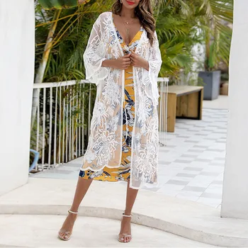 

Women Summer Sexy Solid White See Through Lace Beach Tops Female Bikini Covers Cardigan Lace Up Sunscreen Tops Beachwear