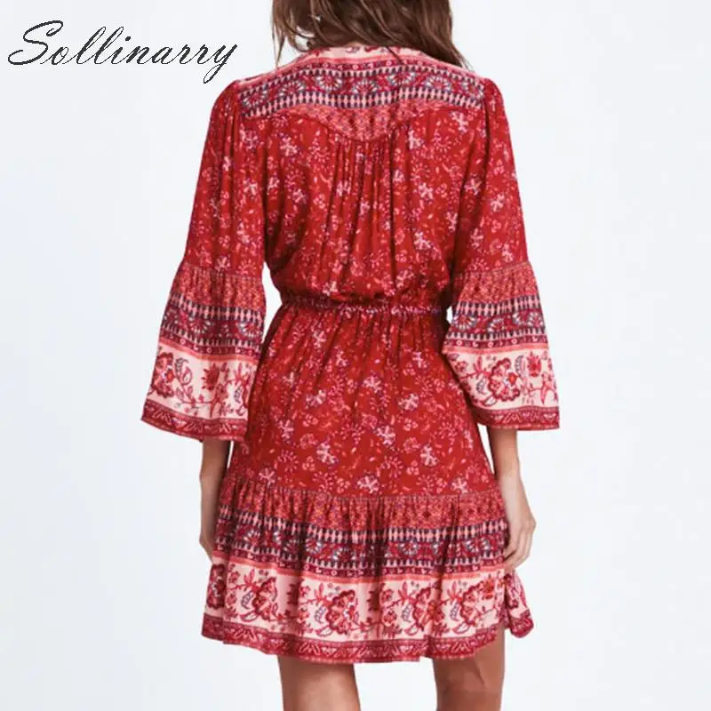Sollinarr Boho Цветочные женские летние платья, праздничное повседневное короткое платье на завязках, женское модное платье с высокой талией и v-образным вырезом, Vestido