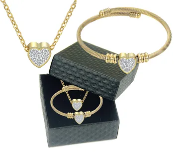 

Trendy Titanium Steel Ladies Bracelet Necklace Set Ladies Stainless Steel Open Bracelet Heart Pendant Braided Jewelry Set