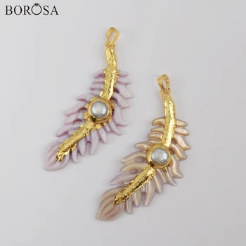 

BOROSA 5Pcs Gold Plating Hand Carved Leaf White Shell Yellow Shell Pendant with Round Pearl Bead for Necklace Jewelry G1900