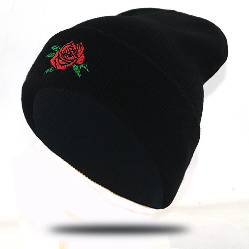 Женская модная розовая шапка для осени и зимы с цветочной вышивкой, хлопковая Гибкая мягкая вязаная шапка, лыжная шапка для улицы