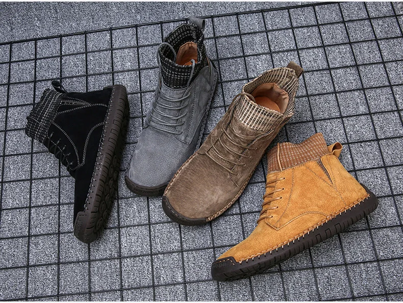 Spring Men boots high-top casual shoes outdoor leather sneakers Motorcycle Boots lace-up street shoes non-slip Plush size 39-48