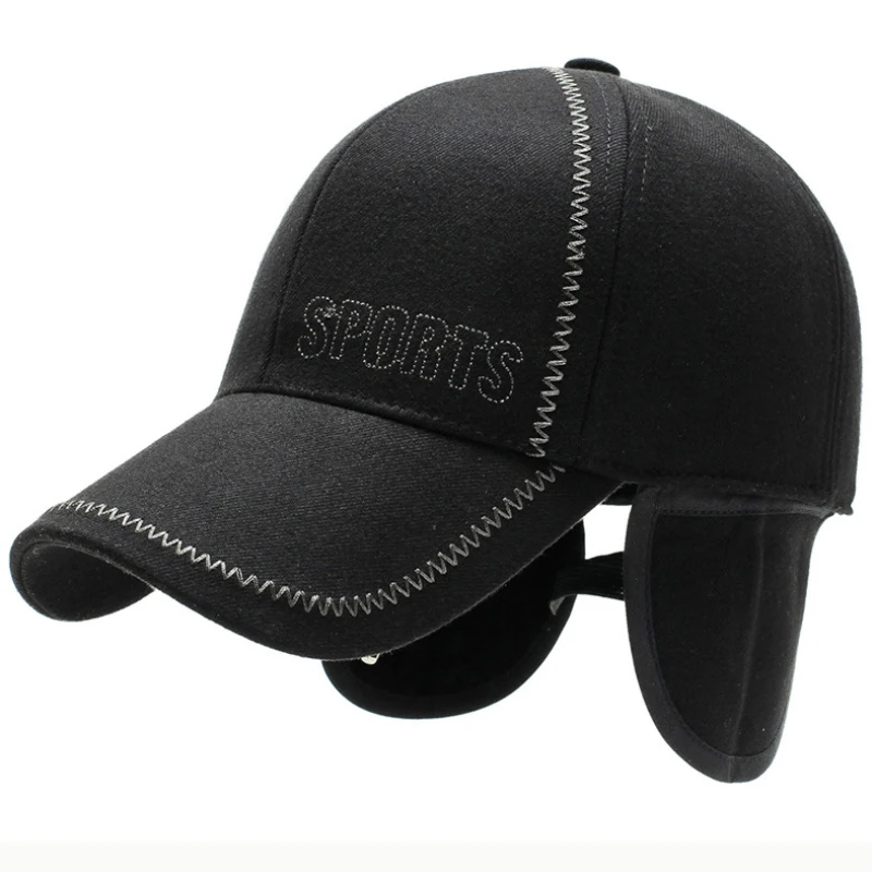 

Mens Wool Baseball Caps For Winter With Warm Ear-Flaps Adult Male Dad Solid Color Hat Adjustable Size For Autumn