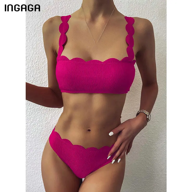 crochet bikini set INGAGA Push Up Bikinis 2021 Swimsuits Scalloped Edge Swimwear Women Ribbed Bathing Suits Solid Bandeau Biquini Beach Bikini Set 3 piece bikini set