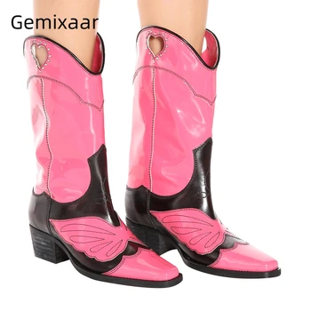 

2020 Chic Sewing Knee High Boots Women Square Toe Square Heel Mixed Color Patchwork Real Leather Winter Botas Mujer