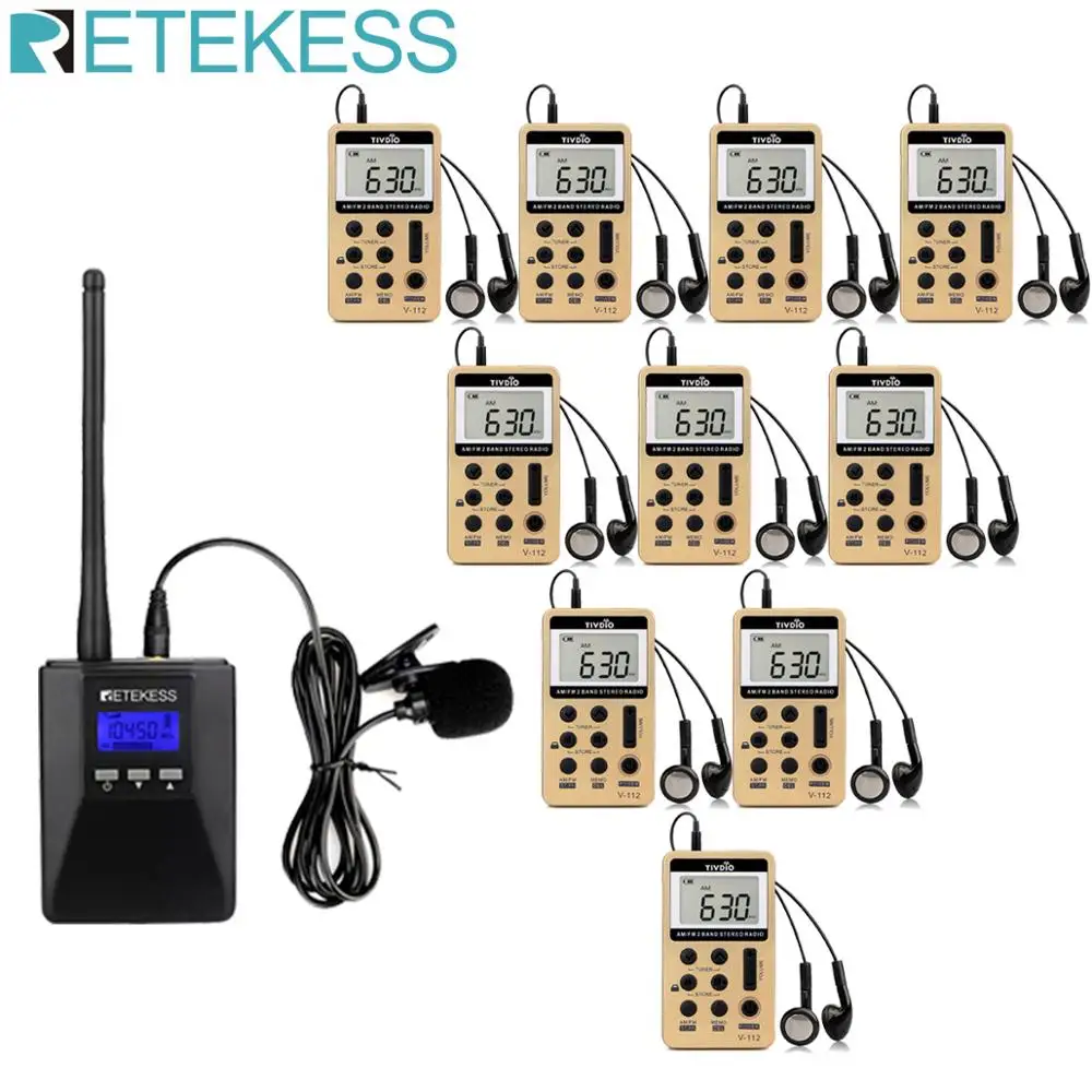 

Retekess TR506 FM Transmitter + 10pcs V112 FM Radio Receiver Tour Guide System Guiding Church Meeting Translation System