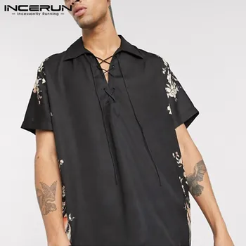 

Summer Vintage Men Casual Shirt Printed Turn-down Collar Lace Up Short Sleeve 2020 Retro Shirts Mens High Street Camisa INCERUN