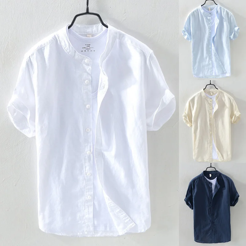 Men Baggy Cotton Linen Solid Short Sleeve Button Down Shirts Tops for Summer TC21 | Мужская одежда