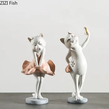 

Lovely Animal Statue Ornaments Selfie Cat Statuette Desk Decorative Crafts White Kitten Resin Figurines Girly Room Decoration