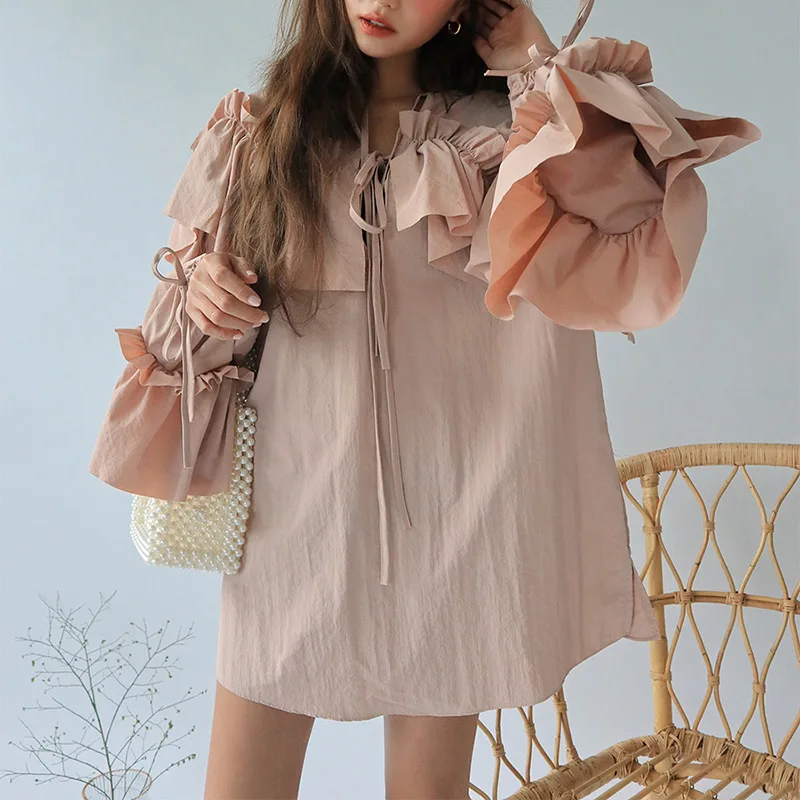 

Korean Ruffle Loose Women Boho Mini Dress Fashion V-neck Butterfly Sleeve Oversized Female Dresses Ladies Party Beach Dress
