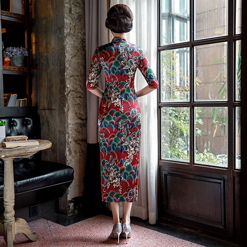 Китайское женское винтажное атласное платье Qipao с коротким рукавом, классическое платье с цветочным принтом, Благородный китайский женский халат со стоячим воротником, с цветочным принтом