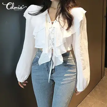 

S-5XL Celmia Women Fashion Solid Ruffles Blouses Casual Long Sleeve OL Tops Ladies Lace-up Shirt Plus Size Elegant Blusas Mujer
