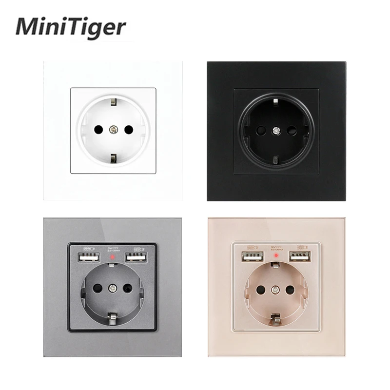 Minitiger 벽 USB 전원 소켓, 새로운 스타일 패널, 침실 소켓, AC 110V-250V 16A 벽 내장, 더블 USB EU 표준 콘센트