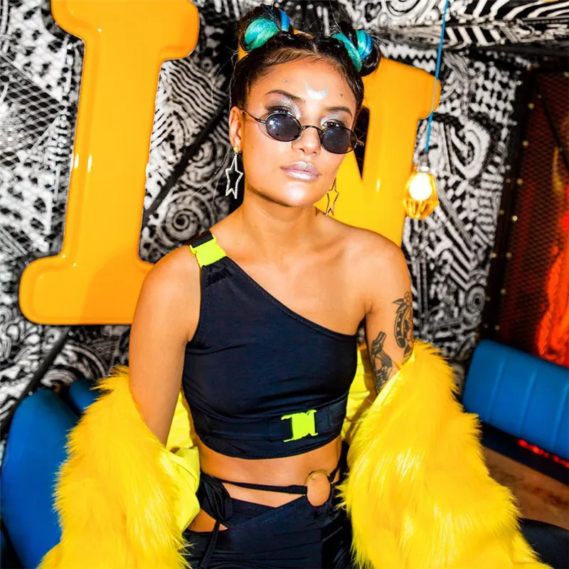 

Women Sexy Summer Crop Top One Shoulder Buckle Band Fluorescent Solid Sleeveless Tank Top Camis Streetwear Wrap Vest WT1732740