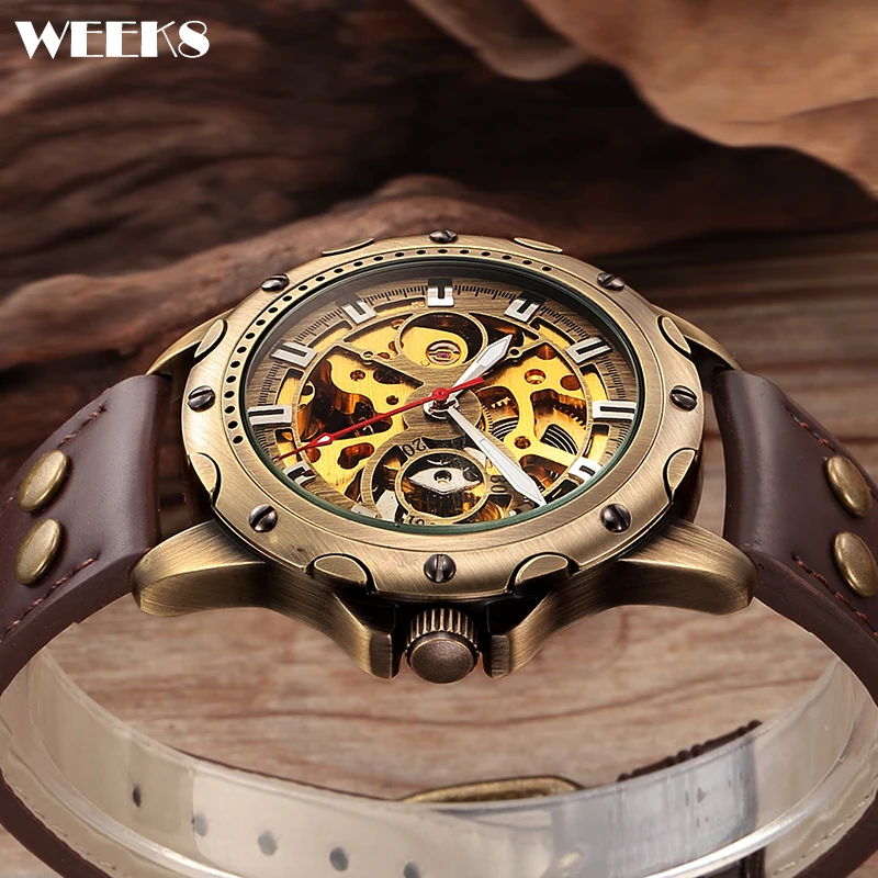 Vintage Men Automatic Mechanical Watch Bronze Case Gold Skeleton Gear Steampunk Leather Self Winding Male Mens Wristwatch Clock