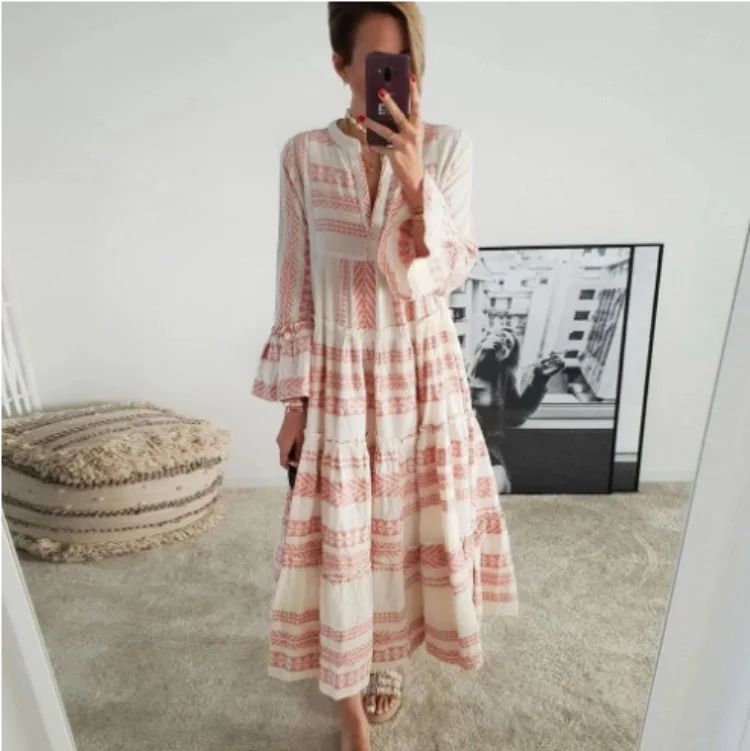 

Woman Dress Bohemian Geometric Print Women Dress Autumn Print V Neck Boho Long Sleeve Dresses for Women Party Autumn Long
