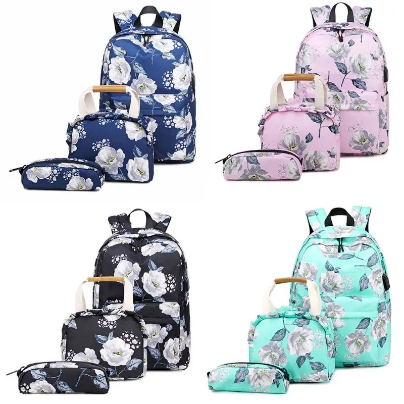 

2020 3pcs School Backpack with USB Charging Port Nylon Laptop Daypack Lunch Pen Bag