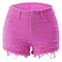 

Weigou Summer Women Casual Hole Denim Shorts High Waist Solid Jeans Shorts Vintage Cotton Short Pants